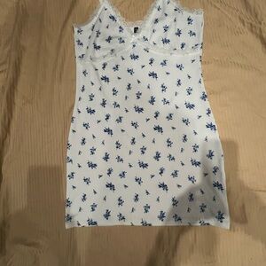 Divided White Slip Dress with Blue Floral Print and Lace Trim